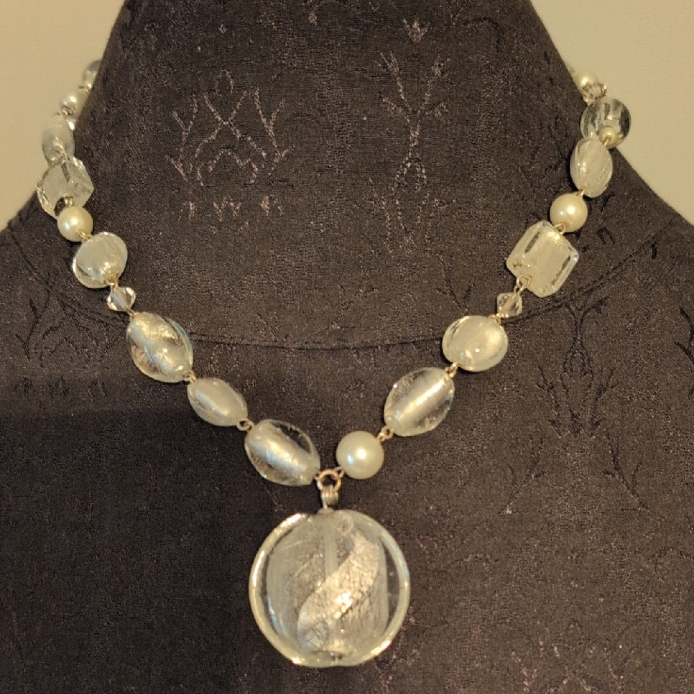 Elegant Silver and White GLASS Beaded Necklace